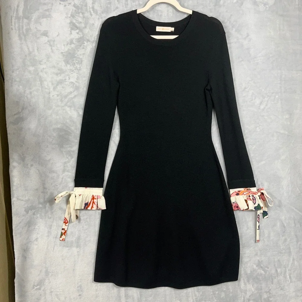 Tory Burch Womens Midi Sweater Dress M Black Merino Wool Silk Ruffle Cuff Luxury